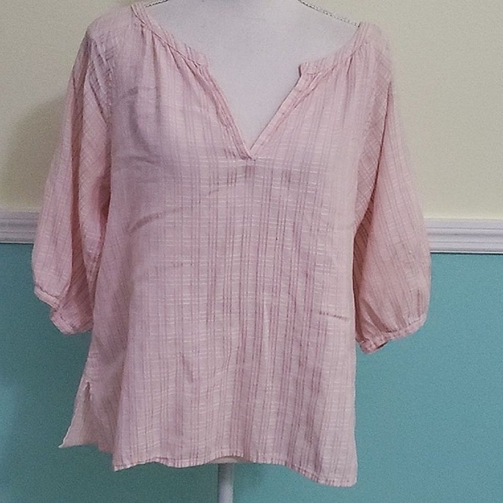 Talbots Boho Beachy Pink Stripes Split Neck 3/4 Balloon Sleeves Flowy Top M